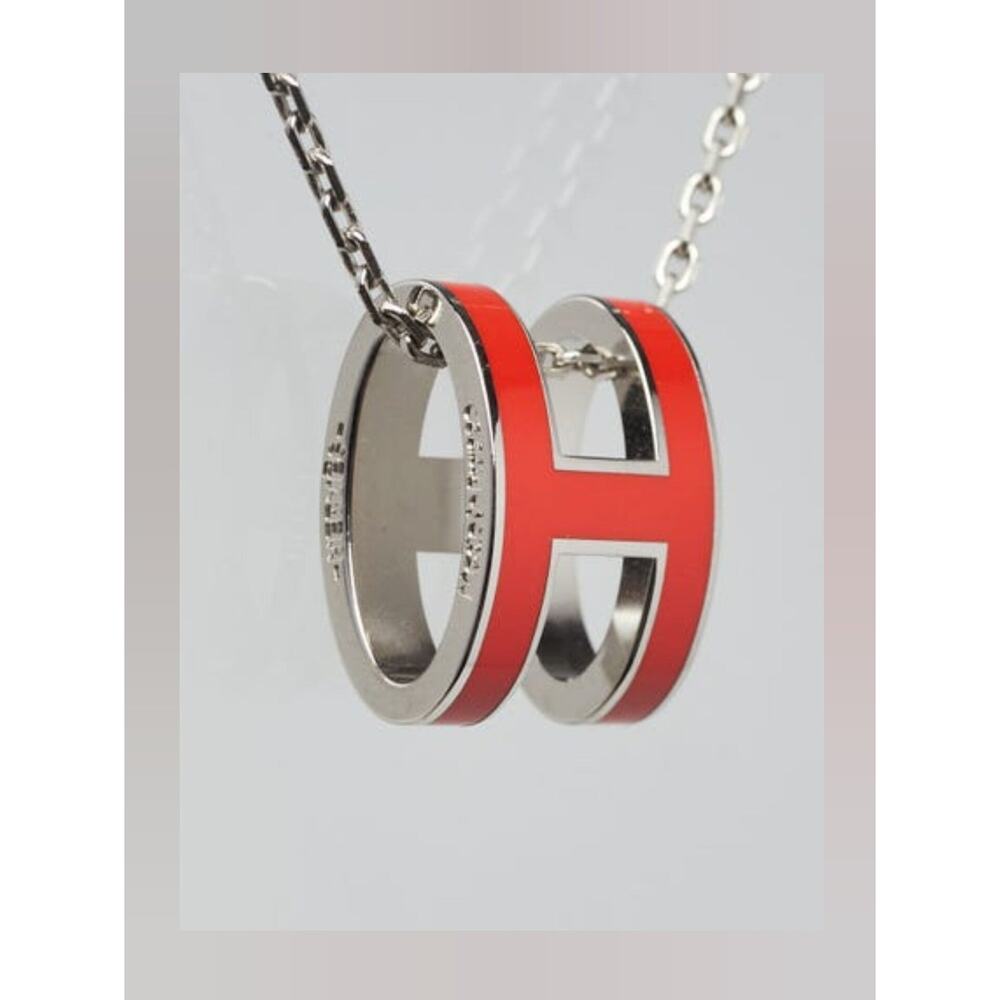 Hermes Red Enamel and Palladium Plated Pop H Pendant Necklace - Picture 4 of 14